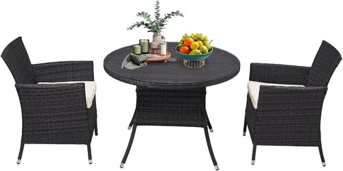 3pc Rattan Garden Dining Set Black Table & 2 Chairs Patio Outdoor Set
