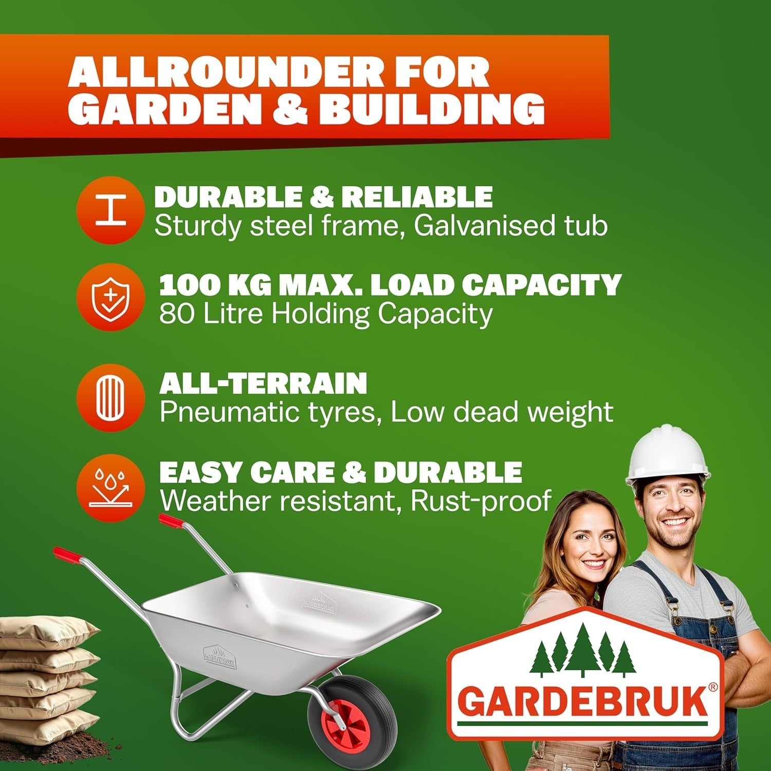80L Garden Wheelbarrow – Galvanised Steel Tub w/ Pneumatic Tyre 100kg Capacity