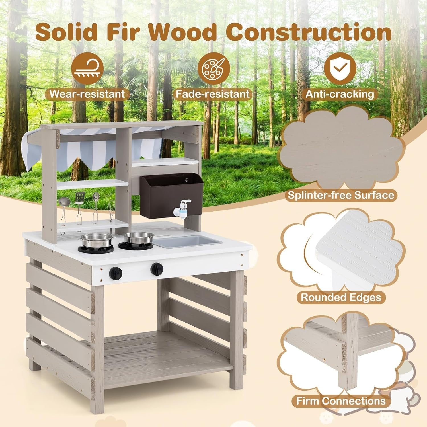 Outdoor Wooden Mud Kitchen Kids Play Cooker Grocery Stand Grey White
