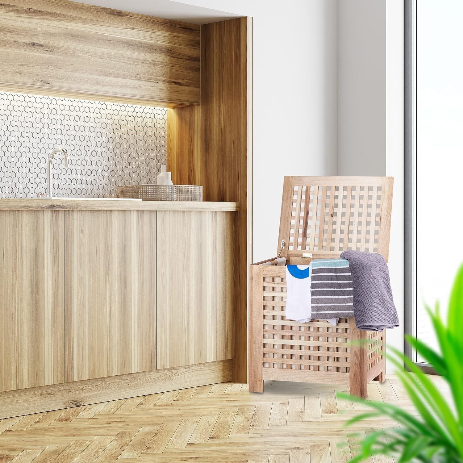 Walnut Wooden Laundry Basket with Lid 70L Large Hamper Removable Liner Bag