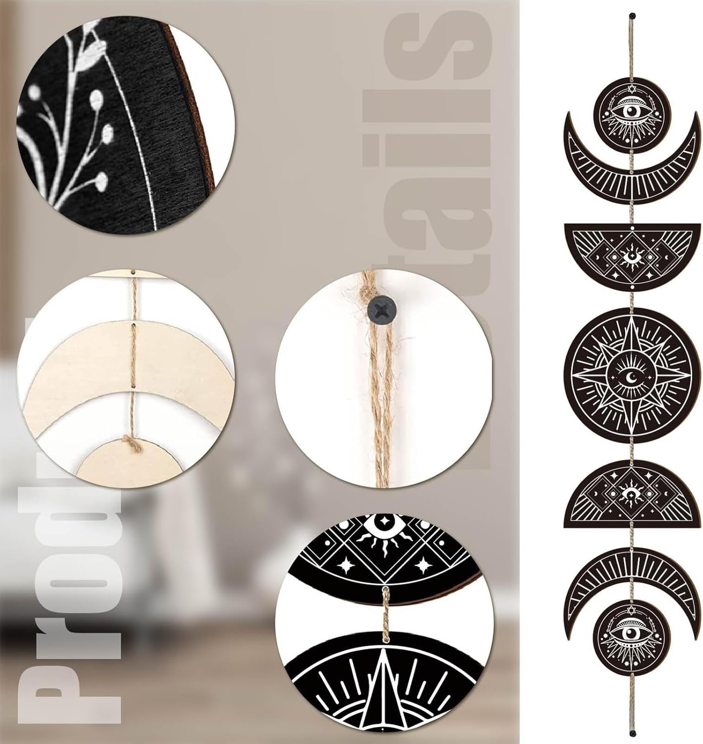 Moon Phase Wall Hanging Wooden Boho Witchy Decor Art