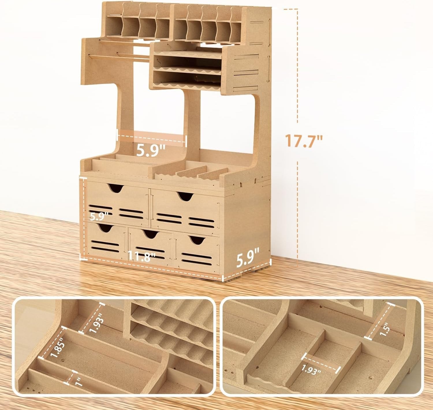 Adjustable Tabletop Paint Tool Rack 5-Compartment MDF 35.5D x 35.5W x 35.5H cm