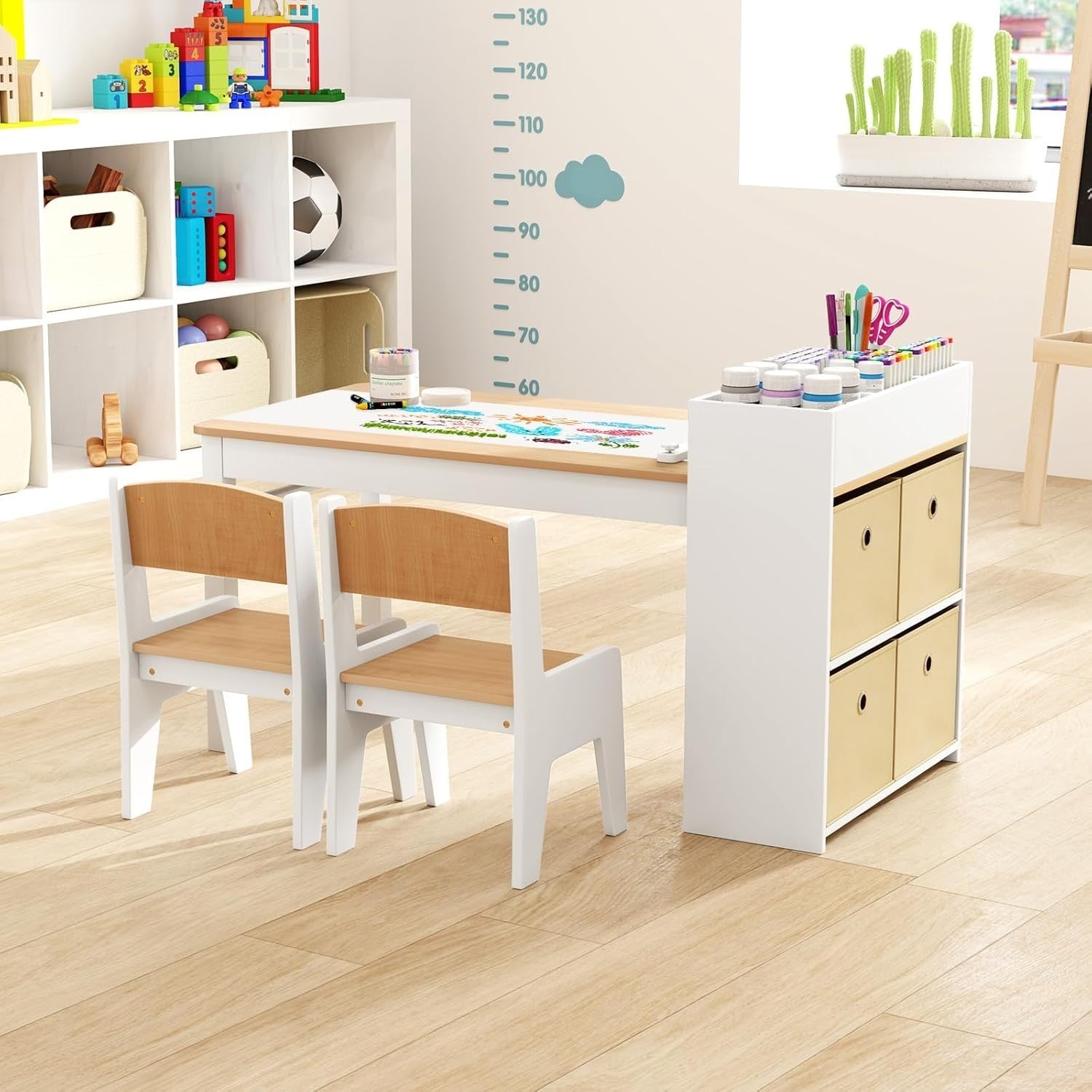 Kids Wooden Table and Chairs Set w/ Paper Roll Storage Bins Shelves Art Desk