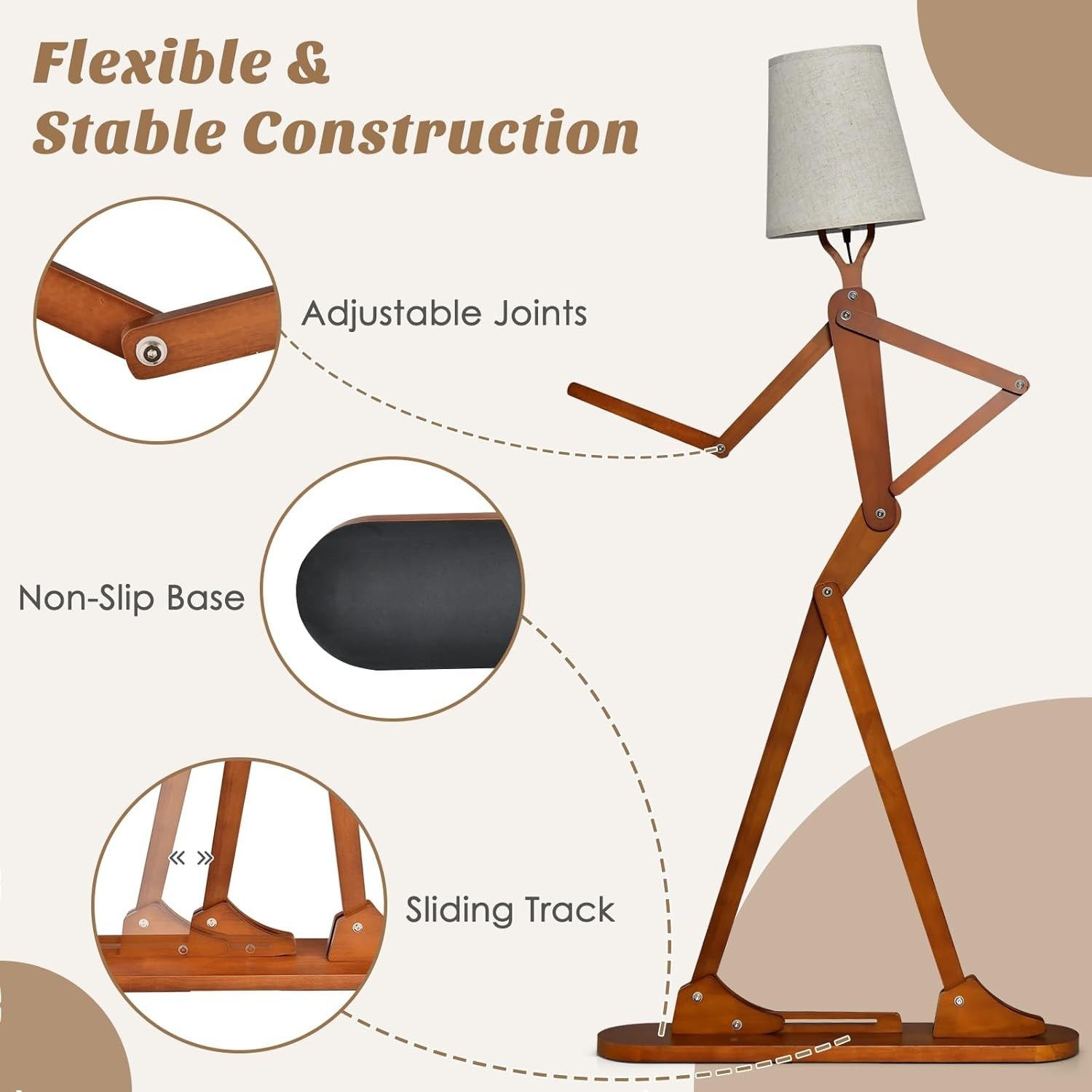 Wooden Floor Lamp Adjustable Joints Fabric Shade Creative Standing Light