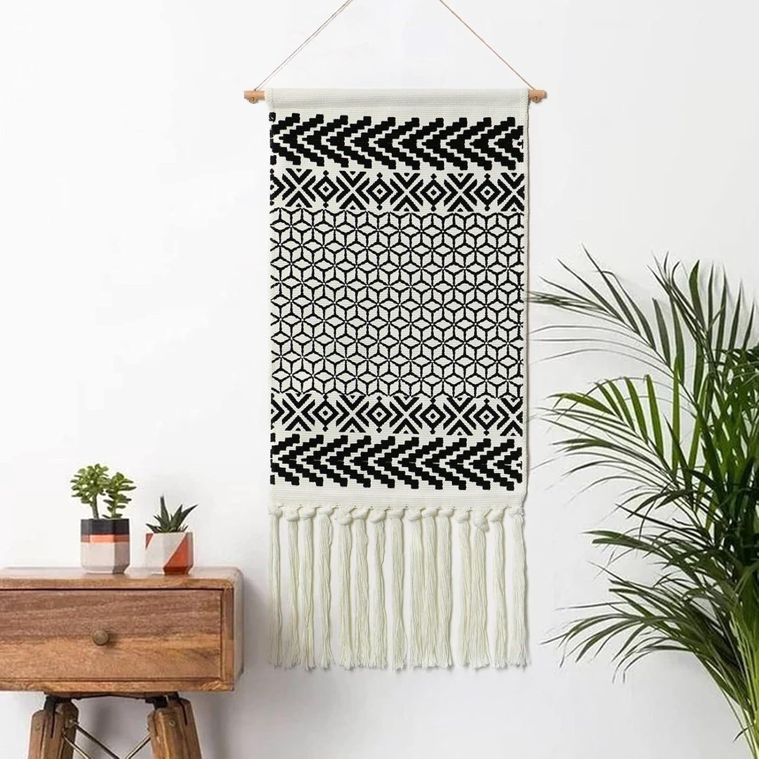 Boho Macrame Wall Hanging Black White Geometric Tapestry Decor