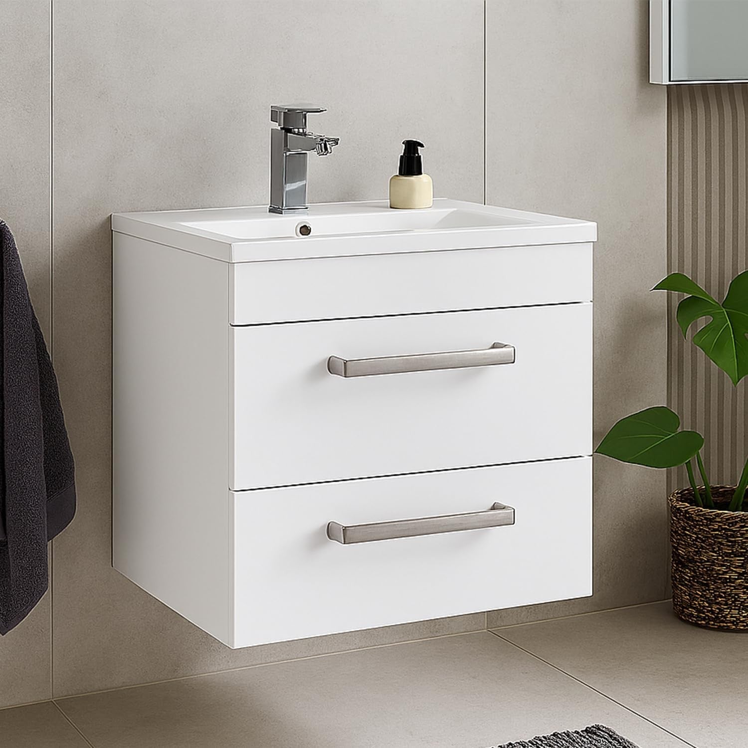 600mm Wall Hung White Bathroom Vanity Unit  Basin Gloss Storage Cabinet