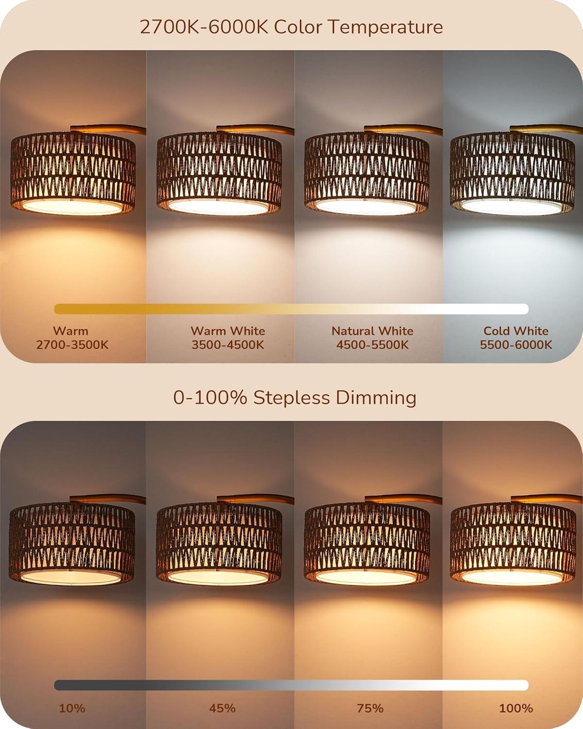 Arc Floor Lamp Gold Rattan Shade Dimmable Remote Boho LED Standing Light