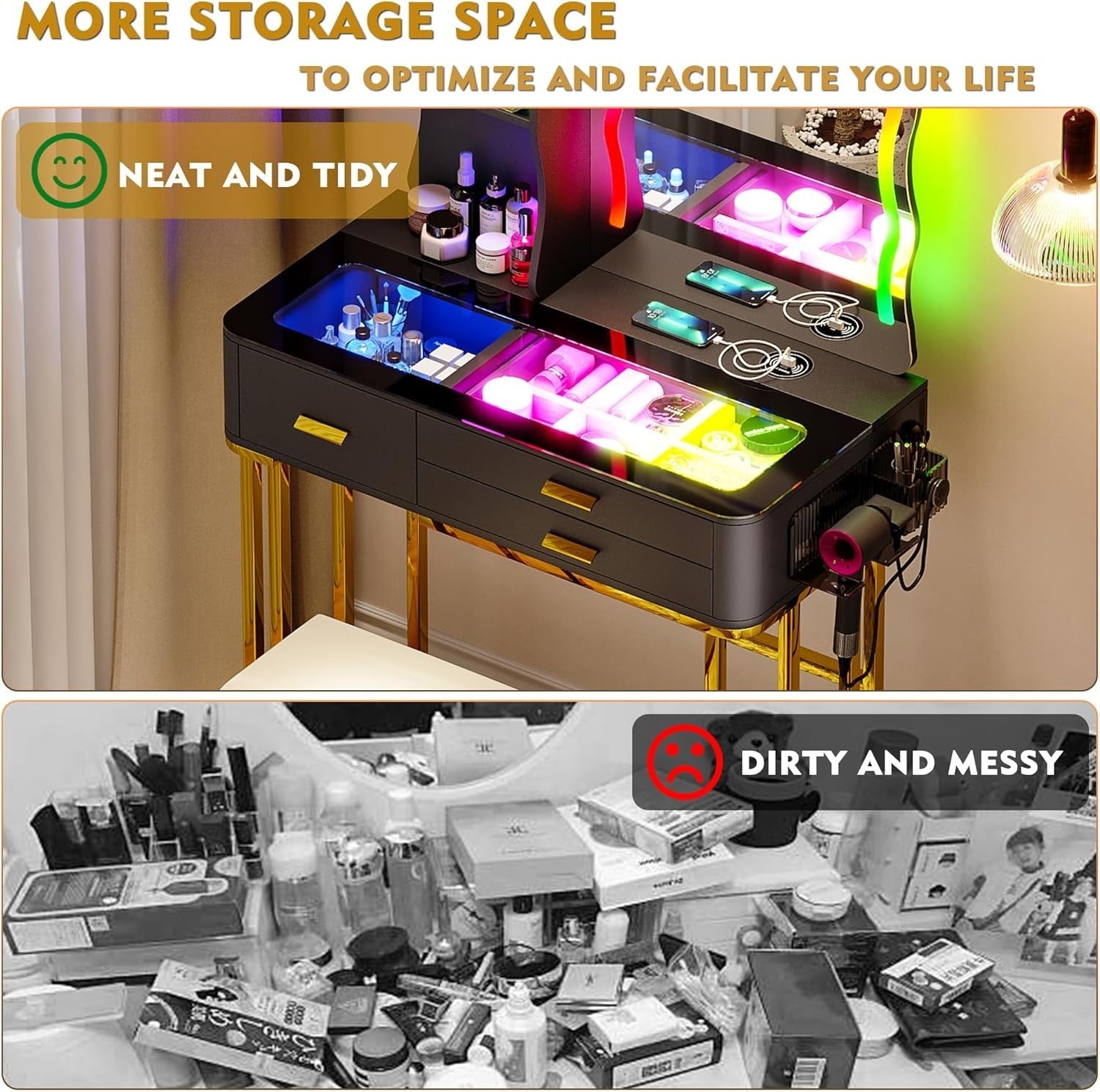 Vanity Dressing Table RGB LED Sensor Light Glass Top 5 Drawers Wireless Charging