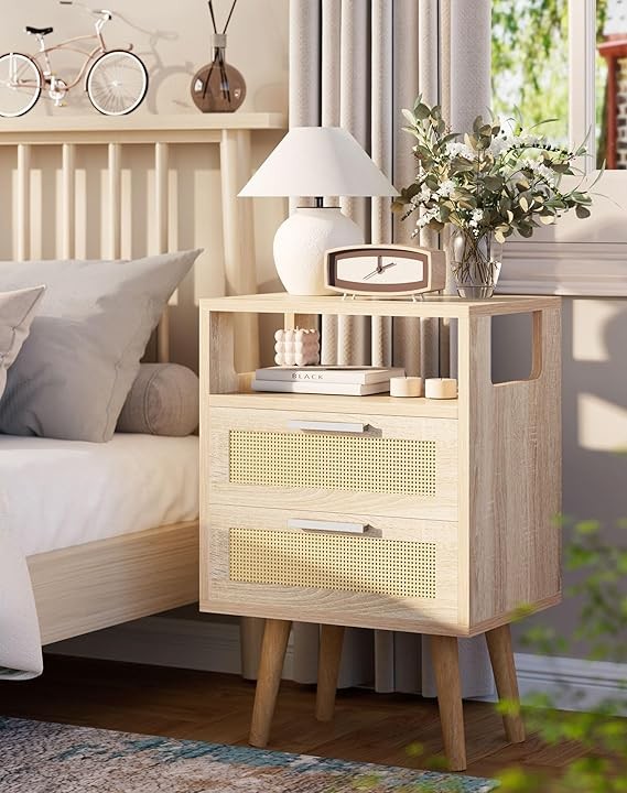 Boho Rattan Bedside Table with 2 Drawers & Open Shelf, Natural Wood Nightstand
