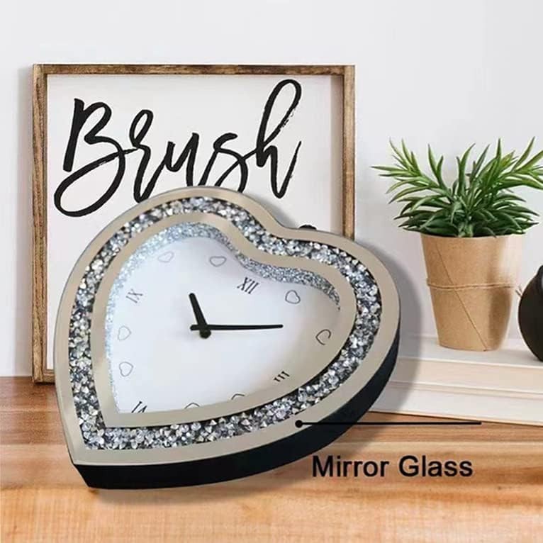 Heart-Shaped Mirror Wall Clock Diamond Border Silent Non-Ticking 12 Inch