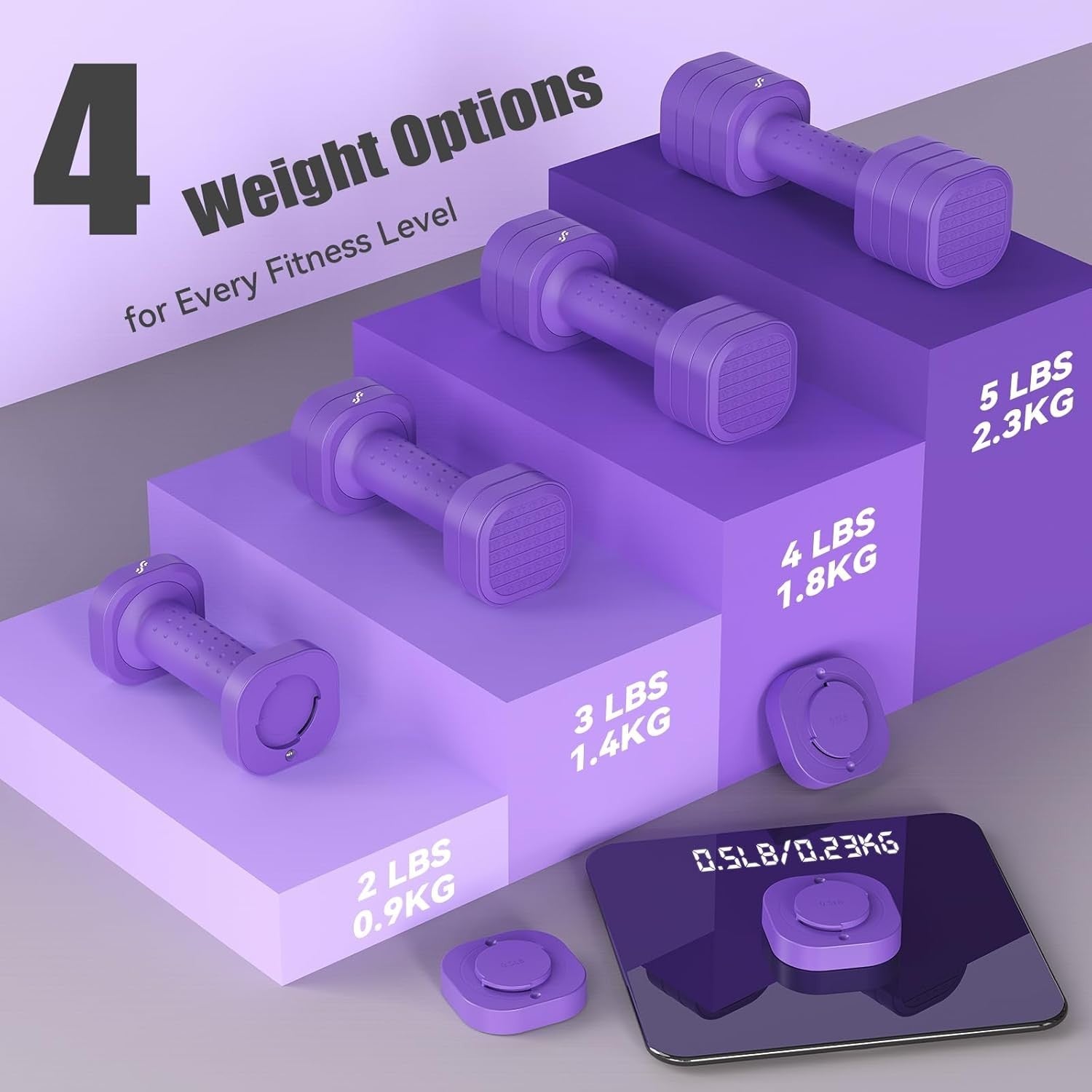Purple Adjustable Hand Weights 2–5lb Pair 4-in-1 Non-Slip Home Fitness