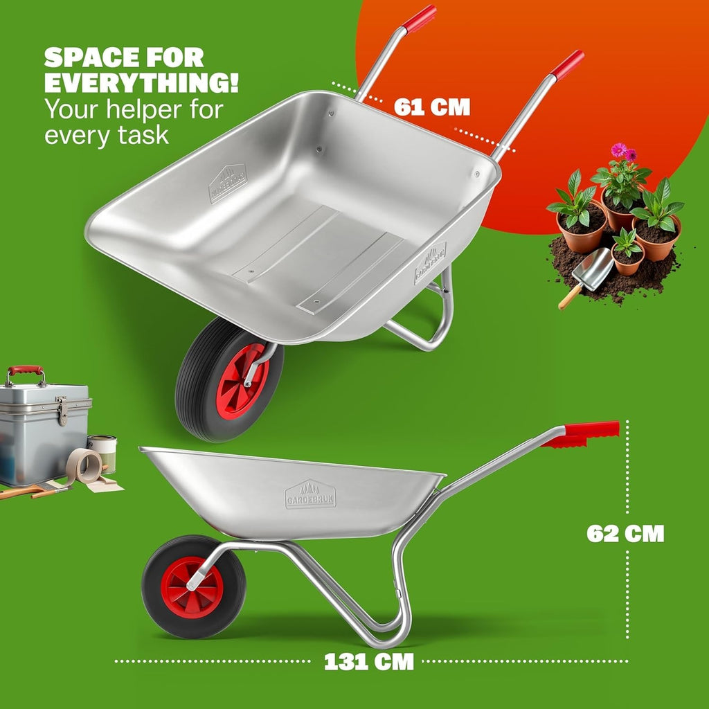 80L Wheelbarrow Silver – Galvanised Steel w/ Pneumatic Tyre Heavy Duty 100kg