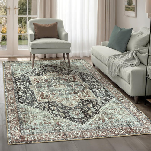 Washable Rug 152x213cm Non-Slip Vintage Charcoal Sienna Soft Carpet Living Room
