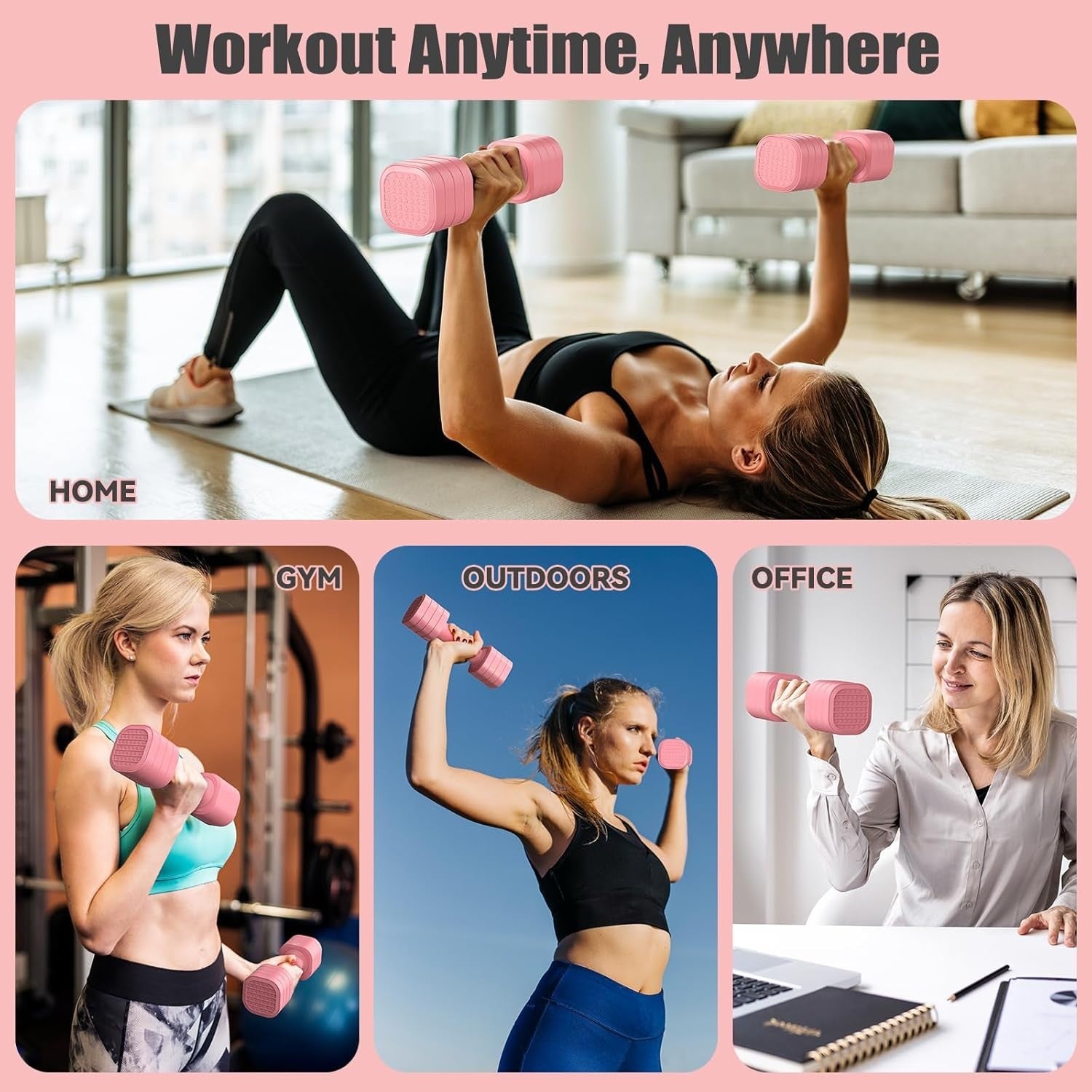 Pink Adjustable Dumbbell Set 2–5lb Pair 4-in-1 Non-Slip Women Weights