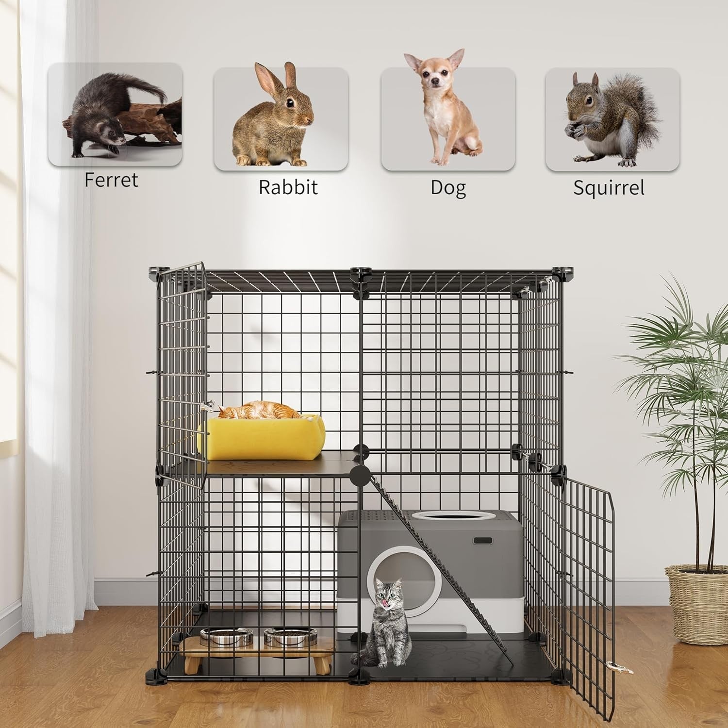 2 Tier Cat Cage Indoor Outdoor Playpen with Ladder & Doors | Metal Pet Enclosure