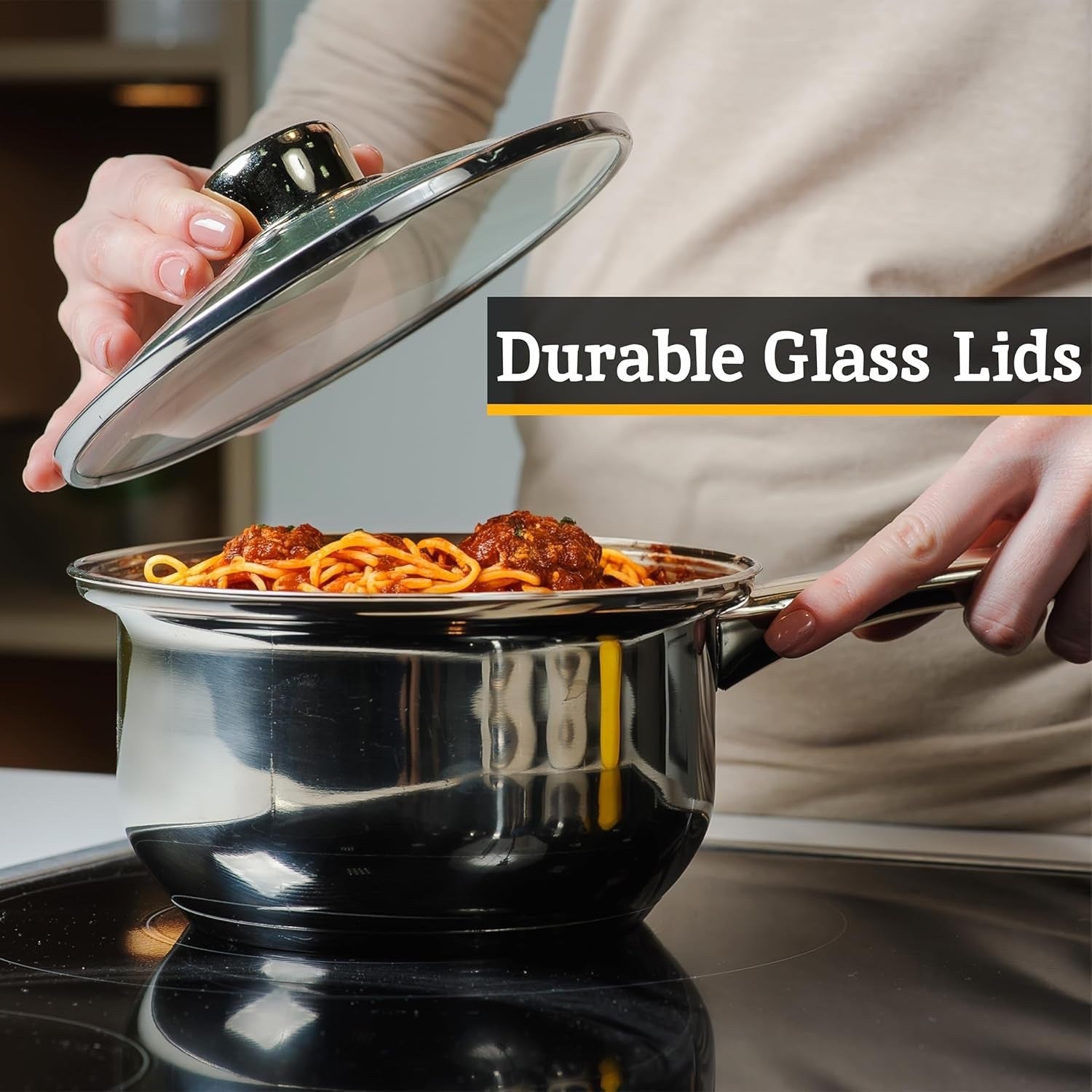 3Pcs Stainless Steel Saucepan Set with Glass Lids Mirror Finish
