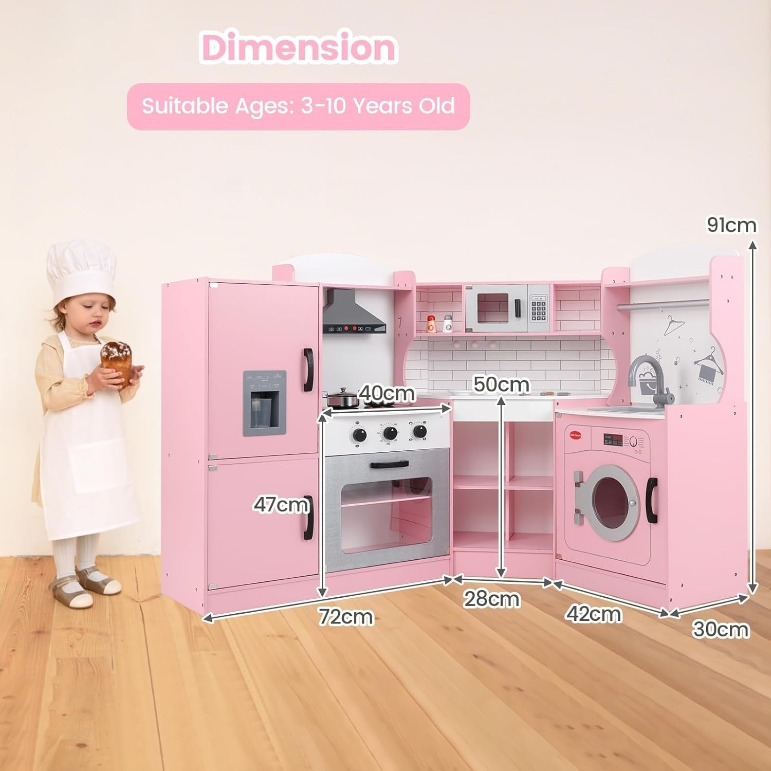 Kids Corner Play Kitchen Wooden Toy Set Light Sound Ice Dispenser Pink
