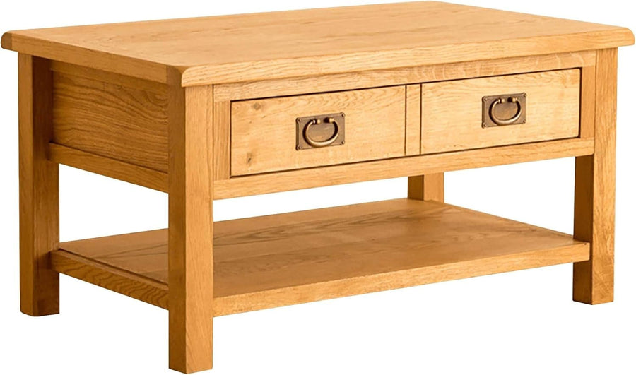 Rustic Oak Coffee Table with Storage Drawer & Shelf – Sturdy Solid Wood 90x55x47