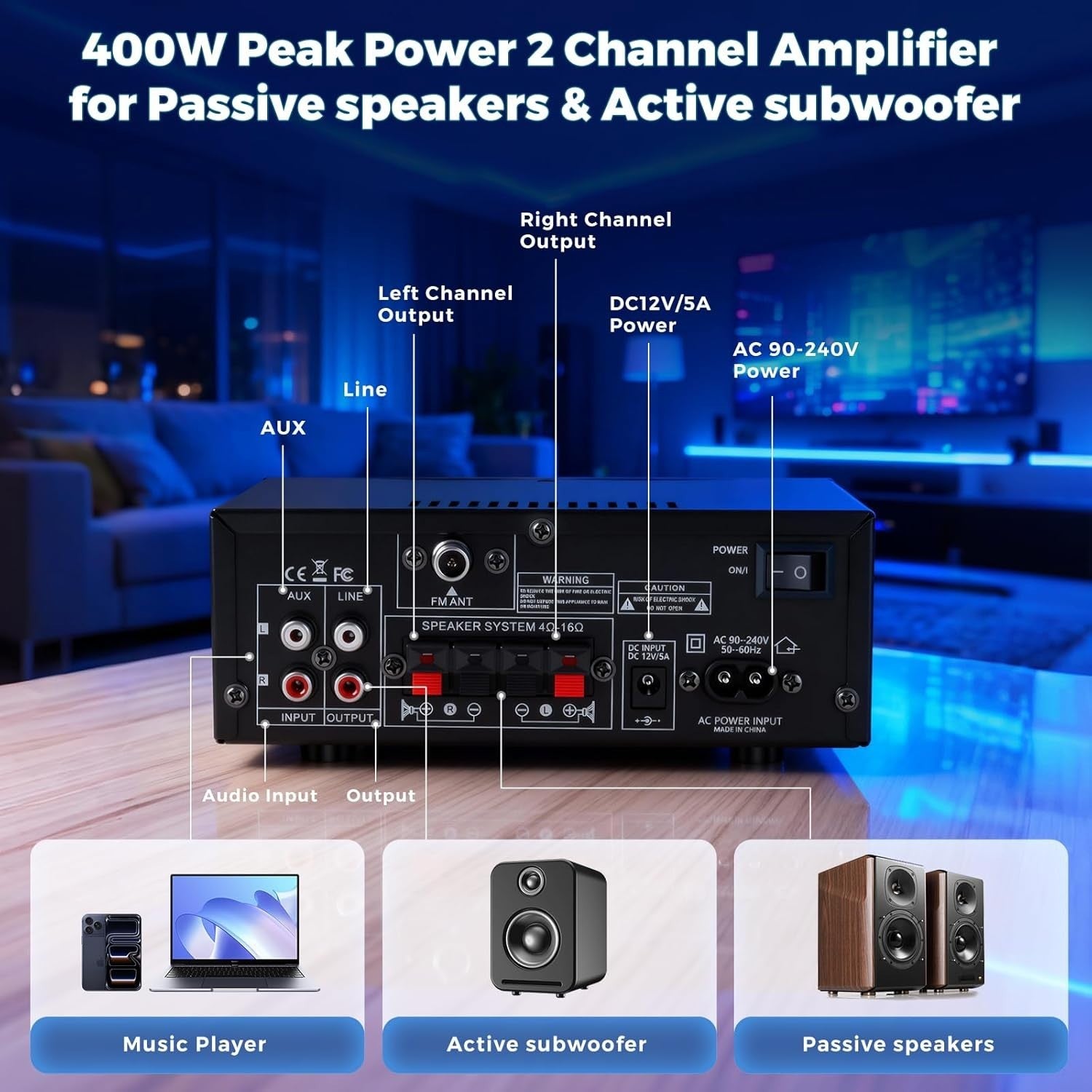 800W Bluetooth 5.0 Stereo Amplifier 2 Channel HiFi 12V/230V FM USB