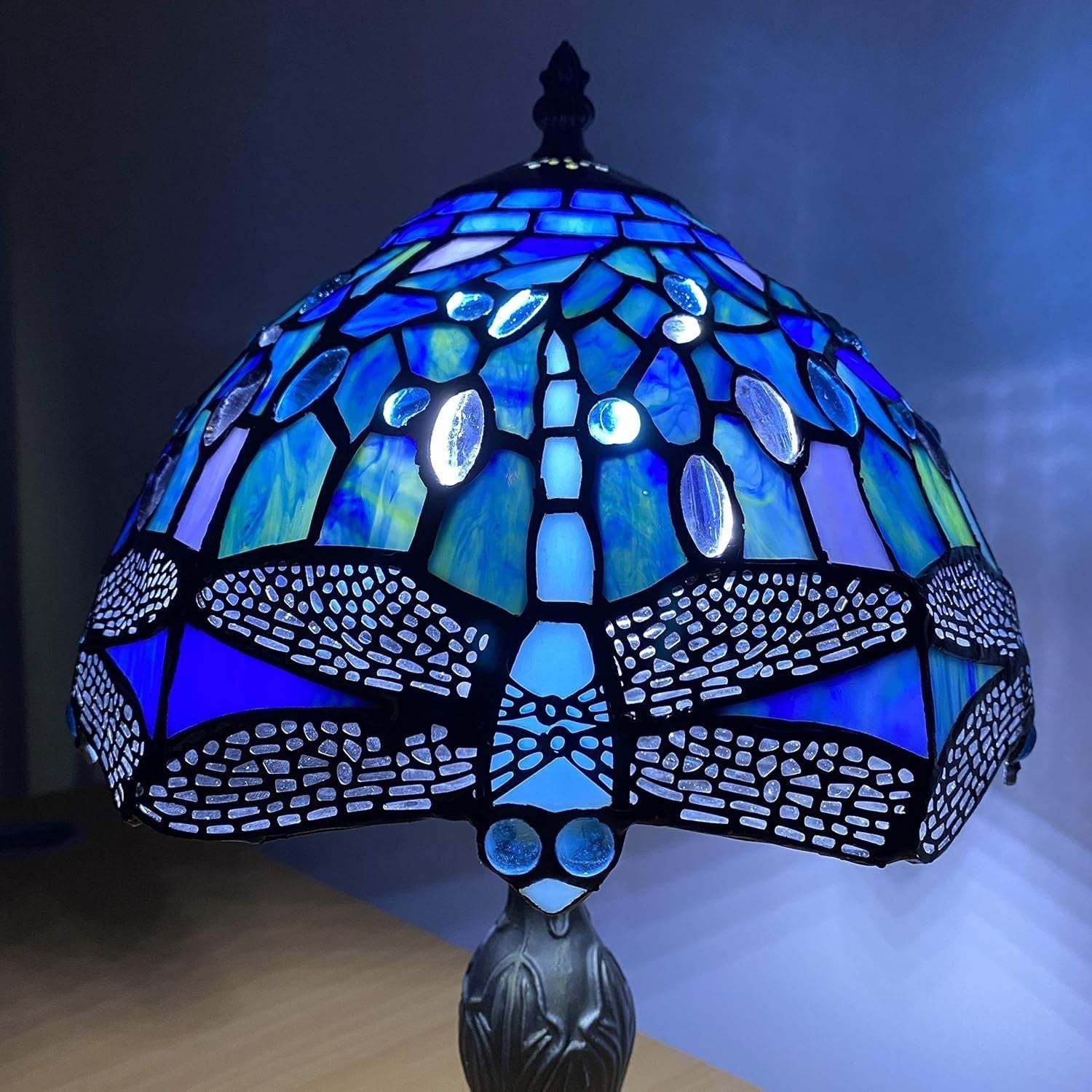 Tiffany Style Table Lamp Blue Dragonfly Stained Glass Antique 42cm E27