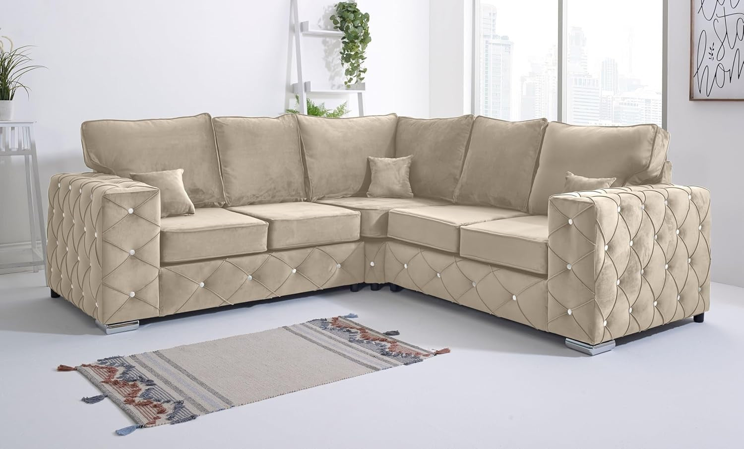 Cream Plush Velvet 5 Seater Corner Sofa - Milton Fullback Diamond Button Tufted