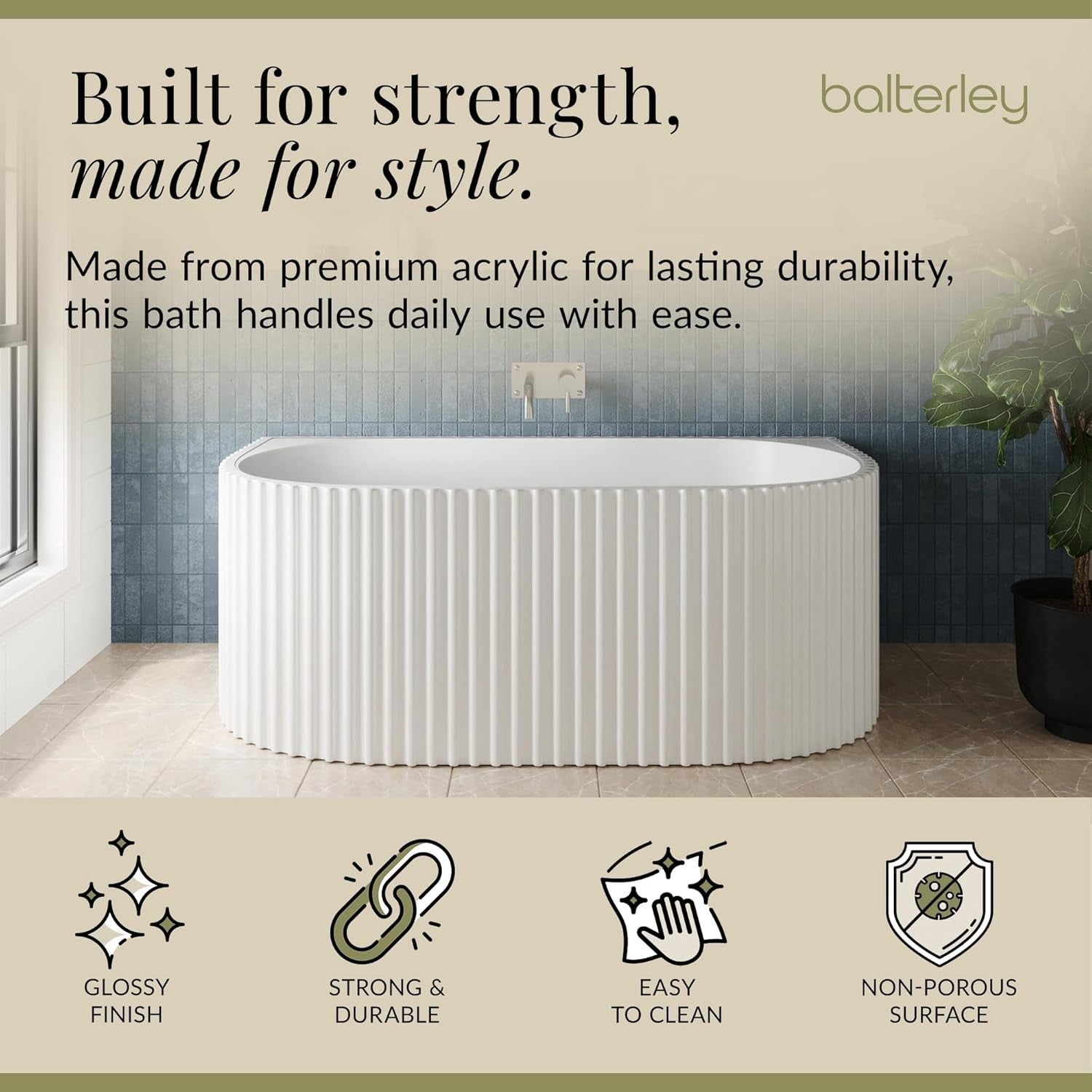 1600x780mm Oval Back-to-Wall Acrylic Bath White Fluted Soaking Tub