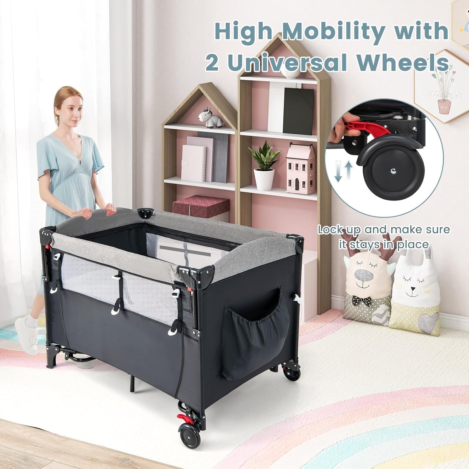 5in1 Baby Travel Cot Bedside Crib Bassinet w/ Mattress Changer Music Toys Black
