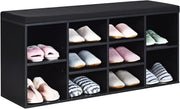 Black Shoe Bench with Cushion 10-Compartment Storage Rack Adjustable Shelves