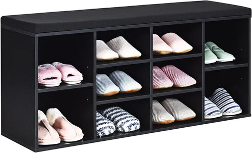 Black Shoe Bench with Cushion 10-Compartment Storage Rack Adjustable Shelves