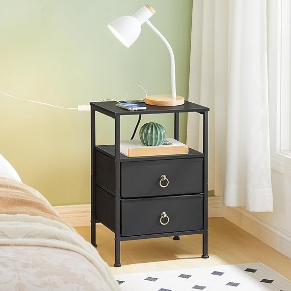 Black Bedside Table with Charging Station, 2 Drawers USB Ports Modern Nightstand