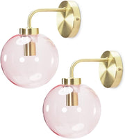 Brushed Gold Wall Lights with Pink Glass Globe Shade, Pair, Elegant Decor