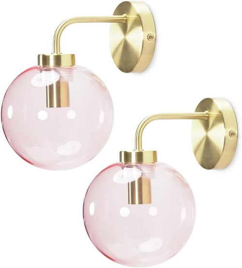 Brushed Gold Wall Lights with Pink Glass Globe Shade, Pair, Elegant Decor