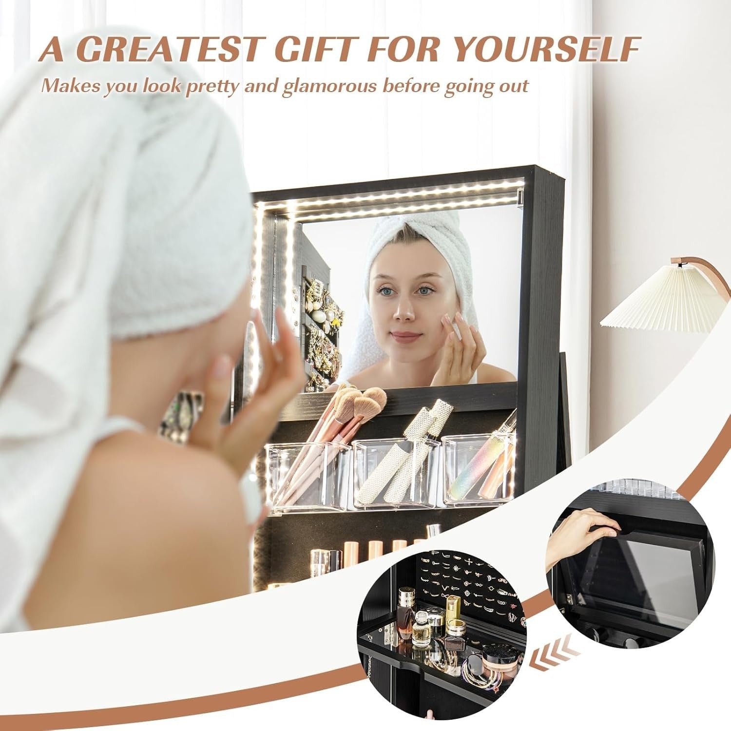 360° Swivel Jewelry Armoire Lockable Full Length Mirror LED Storage Black