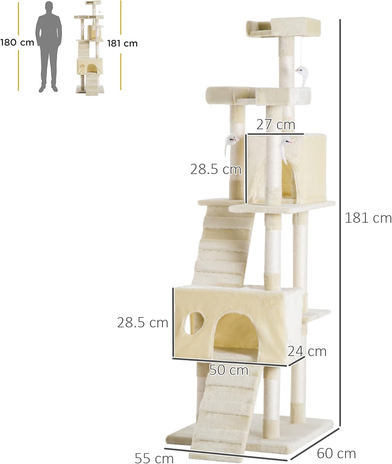 Large Cat Tree Tower 181cm Multi Level Scratching Post Condo Play Centre