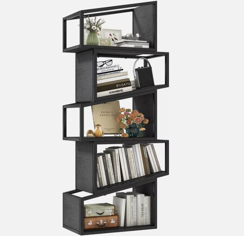 Modern 5 Tier Bookcase Tall Zigzag Bookshelf Display Storage Unit Black