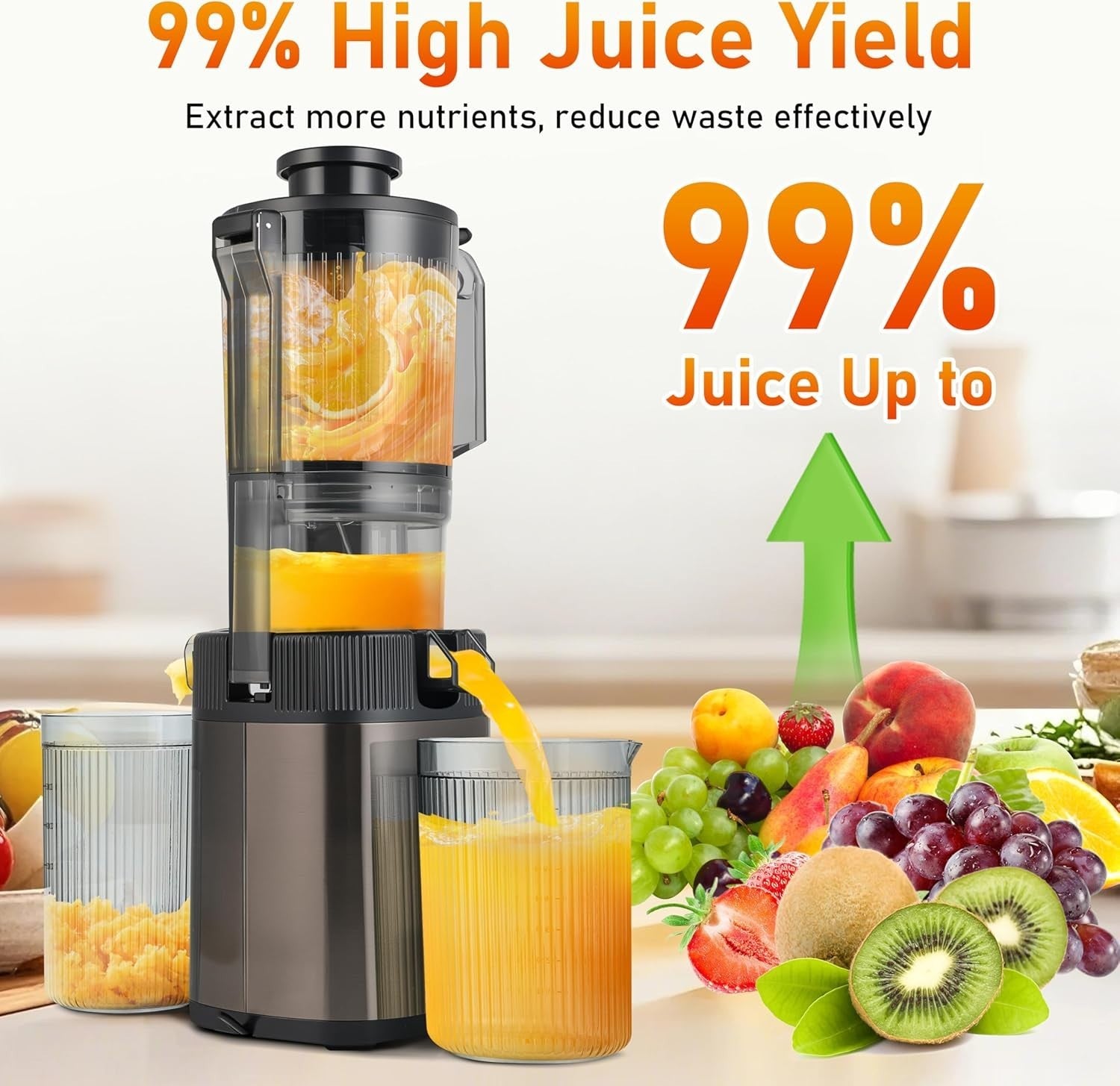 Cold Press Masticating Juicer 3.5in Wide Chute High Yield Quiet 200W