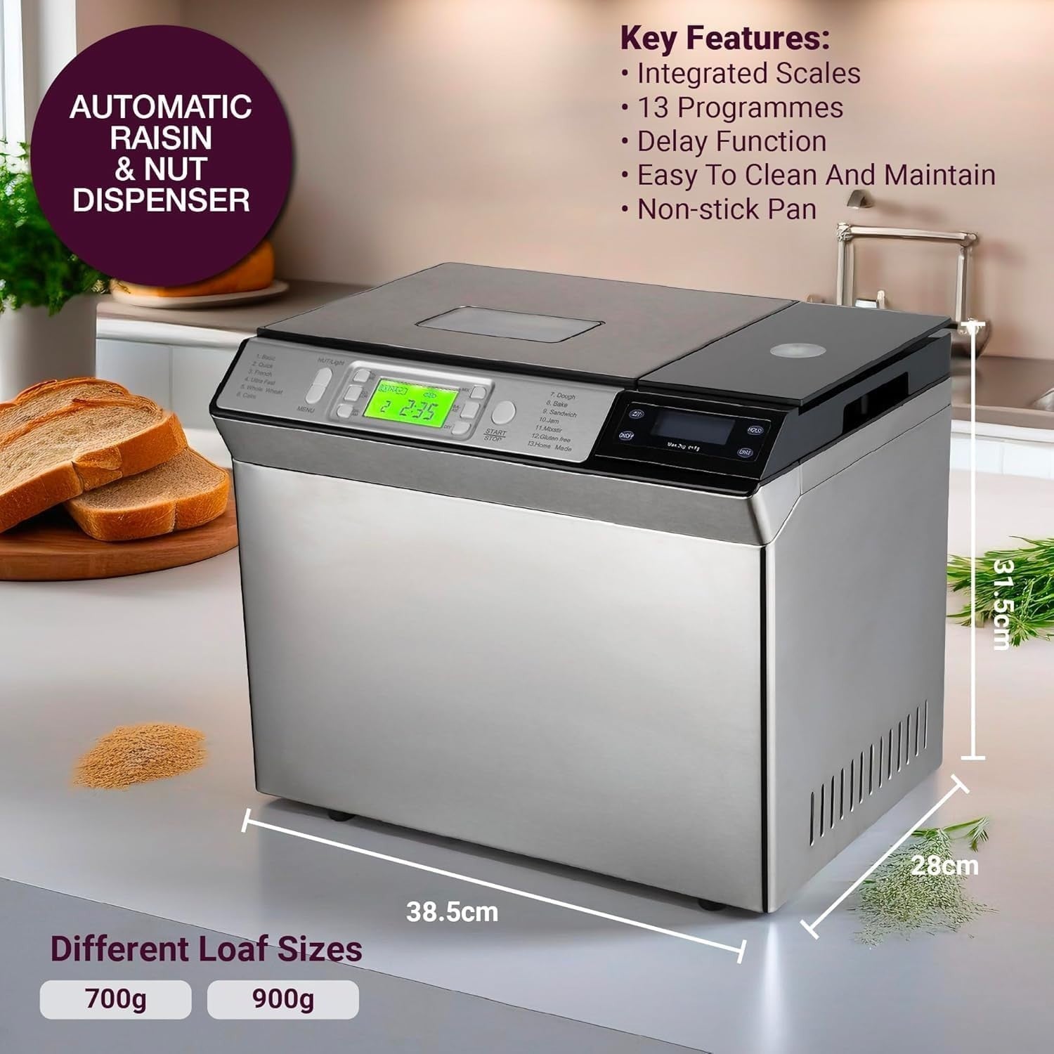 13-in-1 Bread Maker Machine Gluten-Free Auto Dispenser Crust Control Silver
