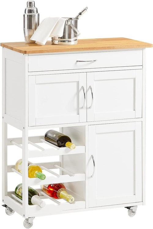 Kitchen Trolley on Wheels Storage Cart with Wine Rack Drawer Wooden Top