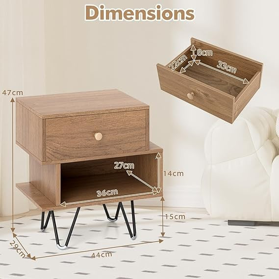 Wooden Bedside Tables Set of 2 with Drawer & Shelf, Metal Hairpin Legs, Modern