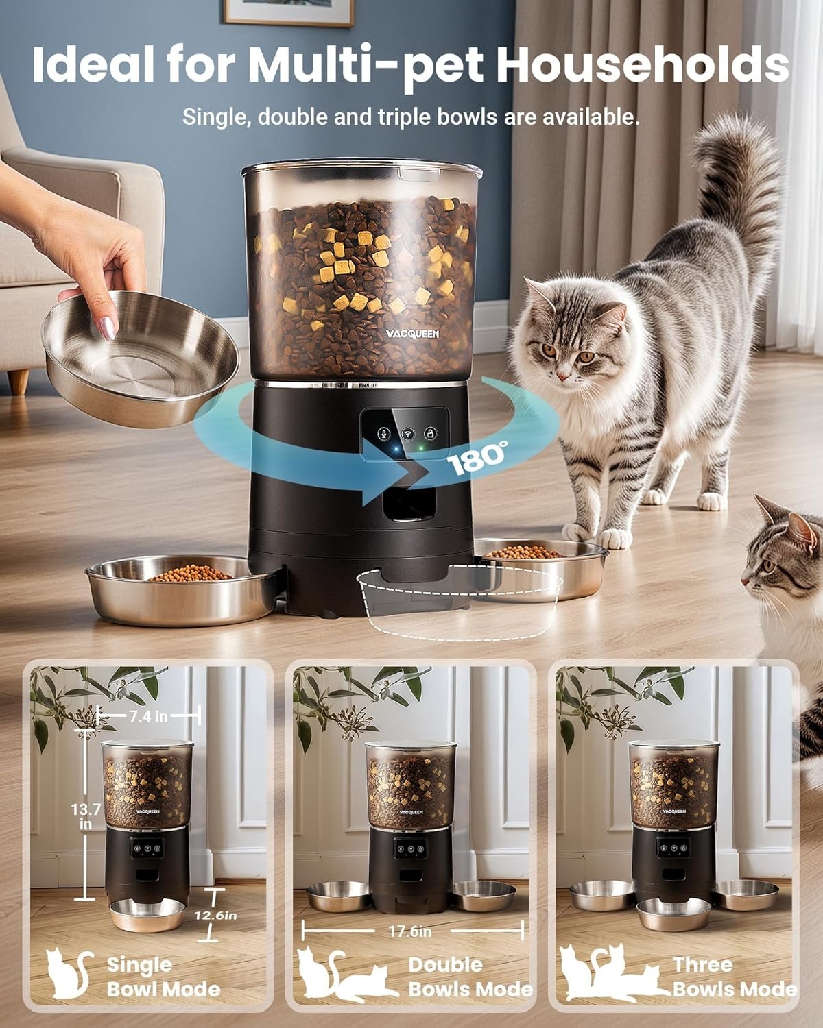 Automatic Cat Feeder for 3 Cats 6L WiFi Pet Food Dispenser Timer