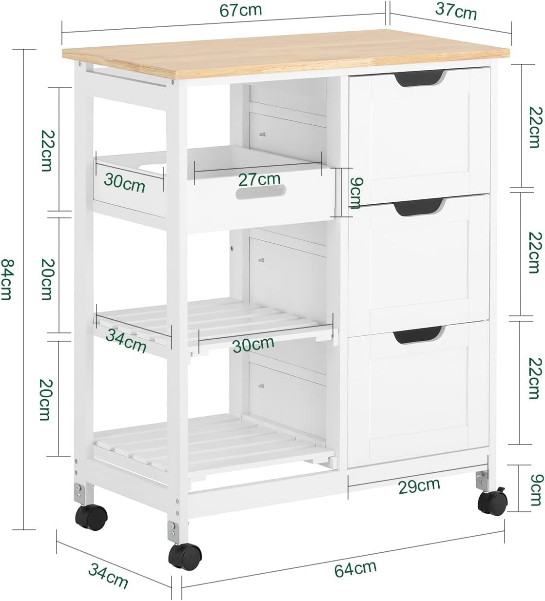 Kitchen Island Trolley Rolling Storage Cart 3 Drawers Butcher Block Top