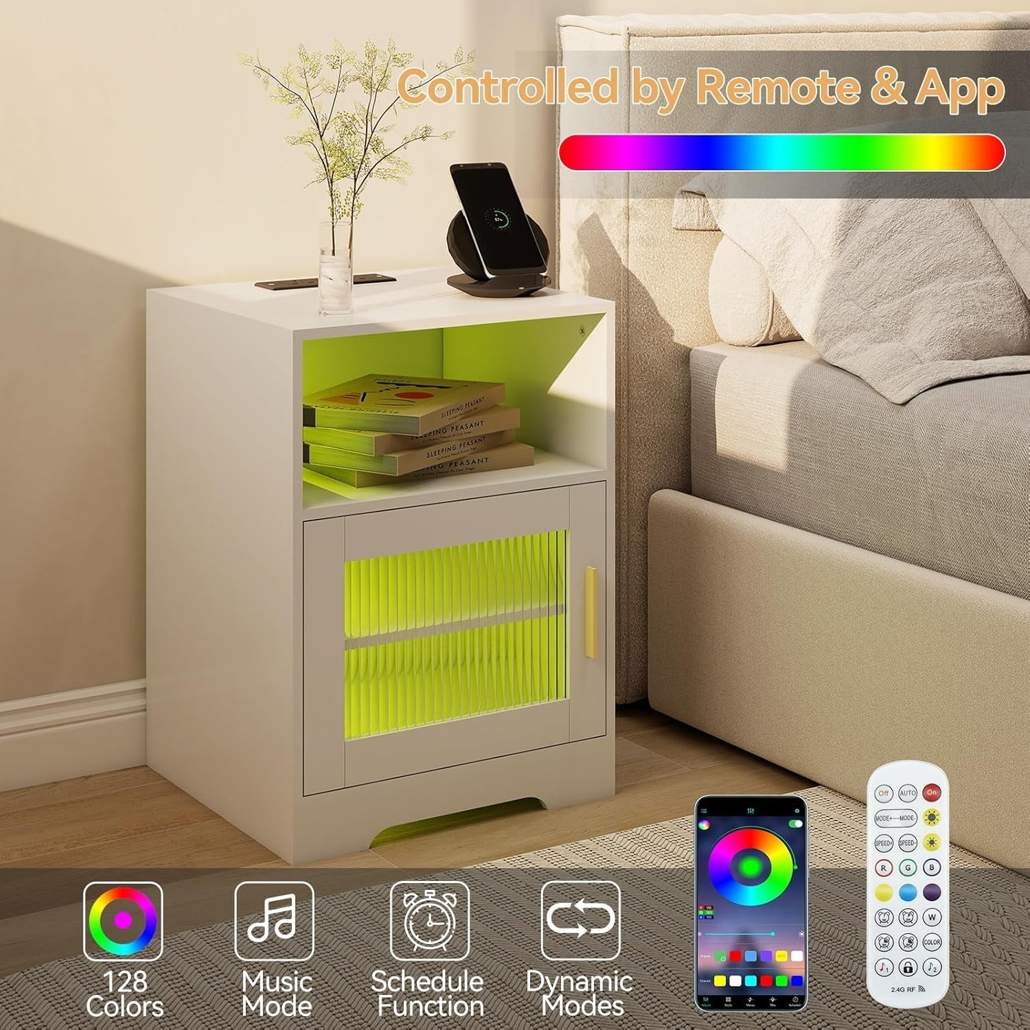 Set of 2 LED Bedside Tables with USB Ports & Charging Station | White