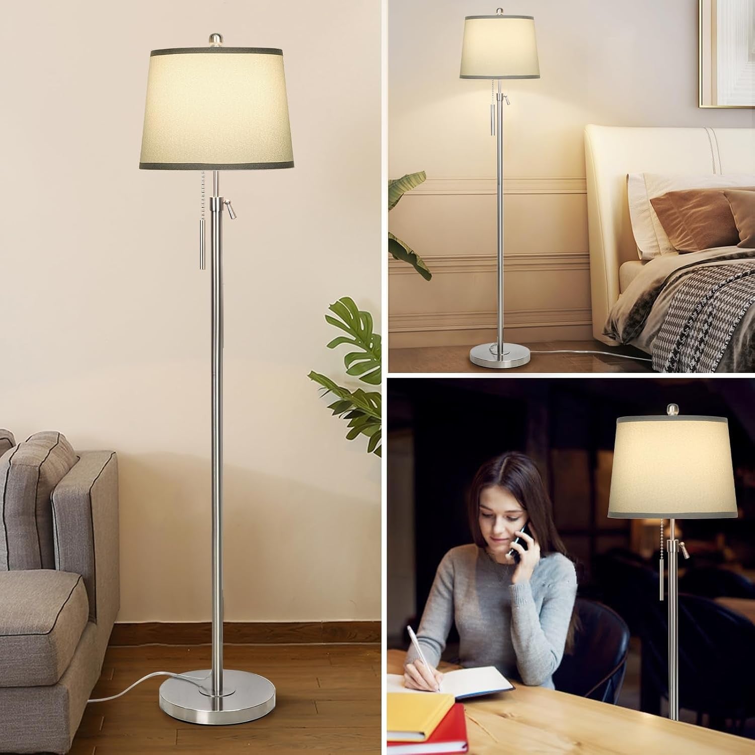 Adjustable Floor Lamp Silver Height Adjustable 3 Colour LED Standing Light