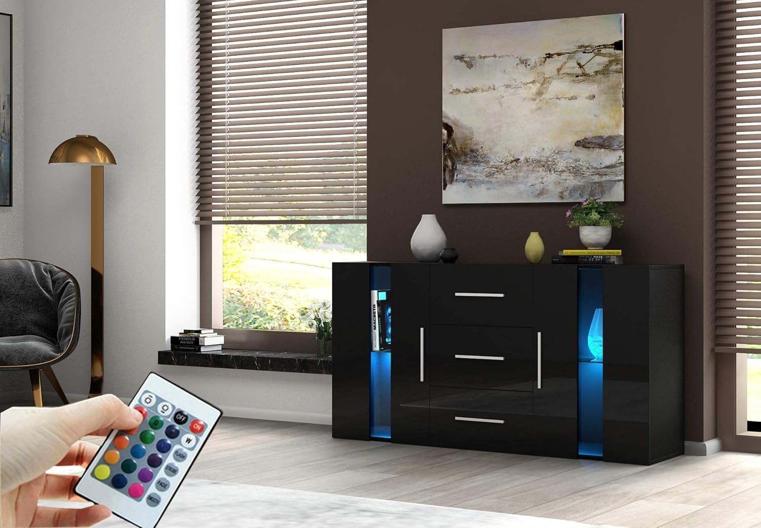 Modern Black RGB Sideboard Cabinet 2 Doors 3 Drawers LED Lighting Storage