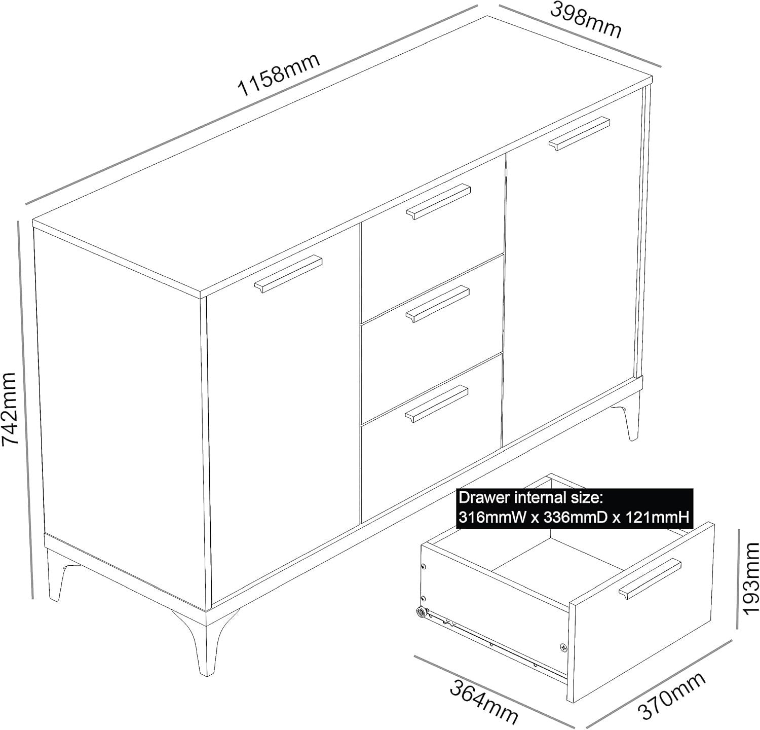 Oak Sideboard Cabinet 2 Door 3 Drawer Storage Unit Adjustable Shelves