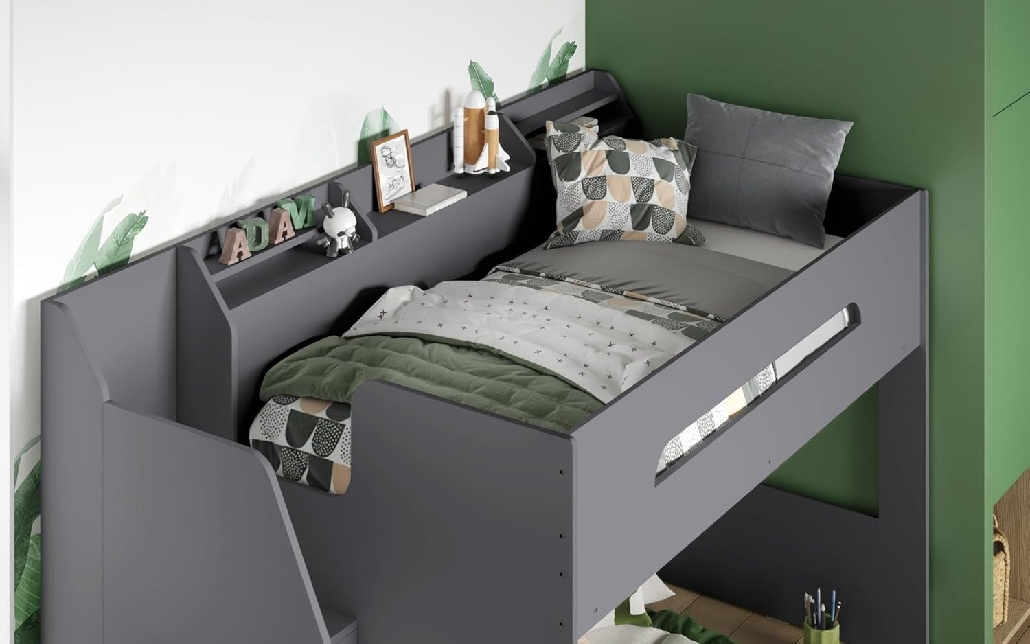 Grey Bunk Bed with Storage Stairs & Shelves for Kids Room Space Saving