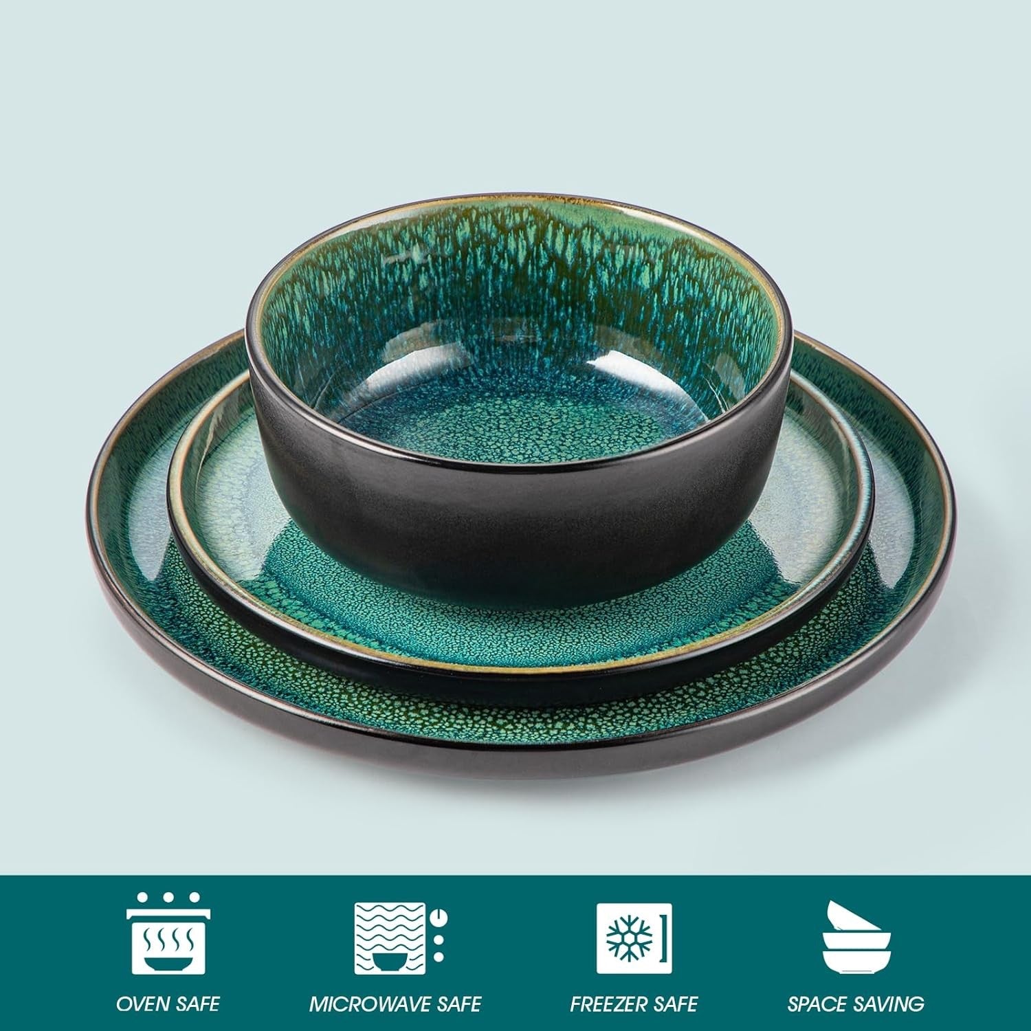 12pc Green Stoneware Dinner Set Reactive Glaze Plates Bowls Microwave