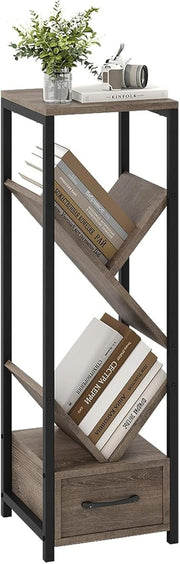 4-Tier Industrial Tree Bookshelf with Drawer Modern Display Storage Rack