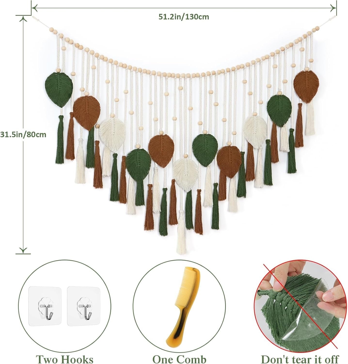 Large Brown Green Macrame Wall Hanging Leaf Tassel Boho Decor
