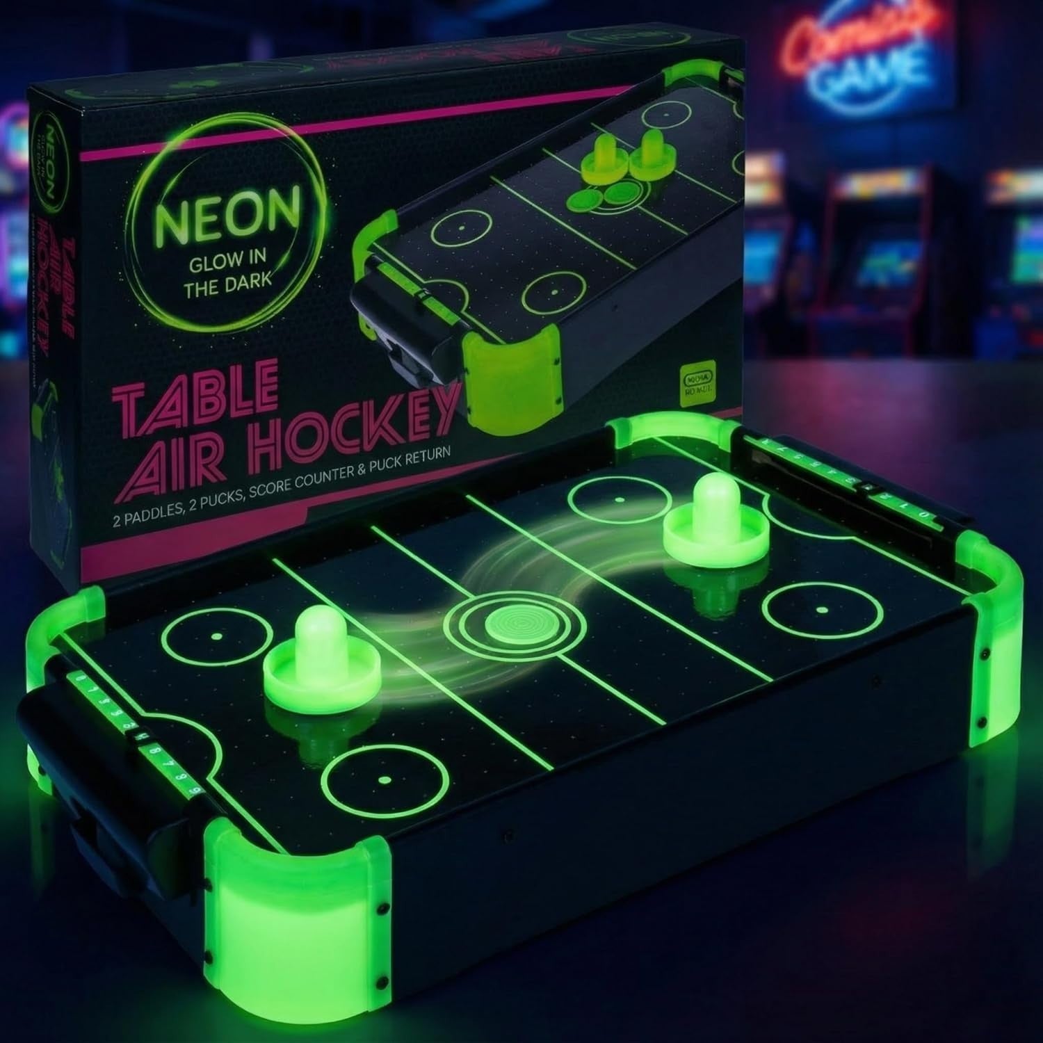 Glow in the Dark Tabletop Air Hockey Game Neon Arcade Fun